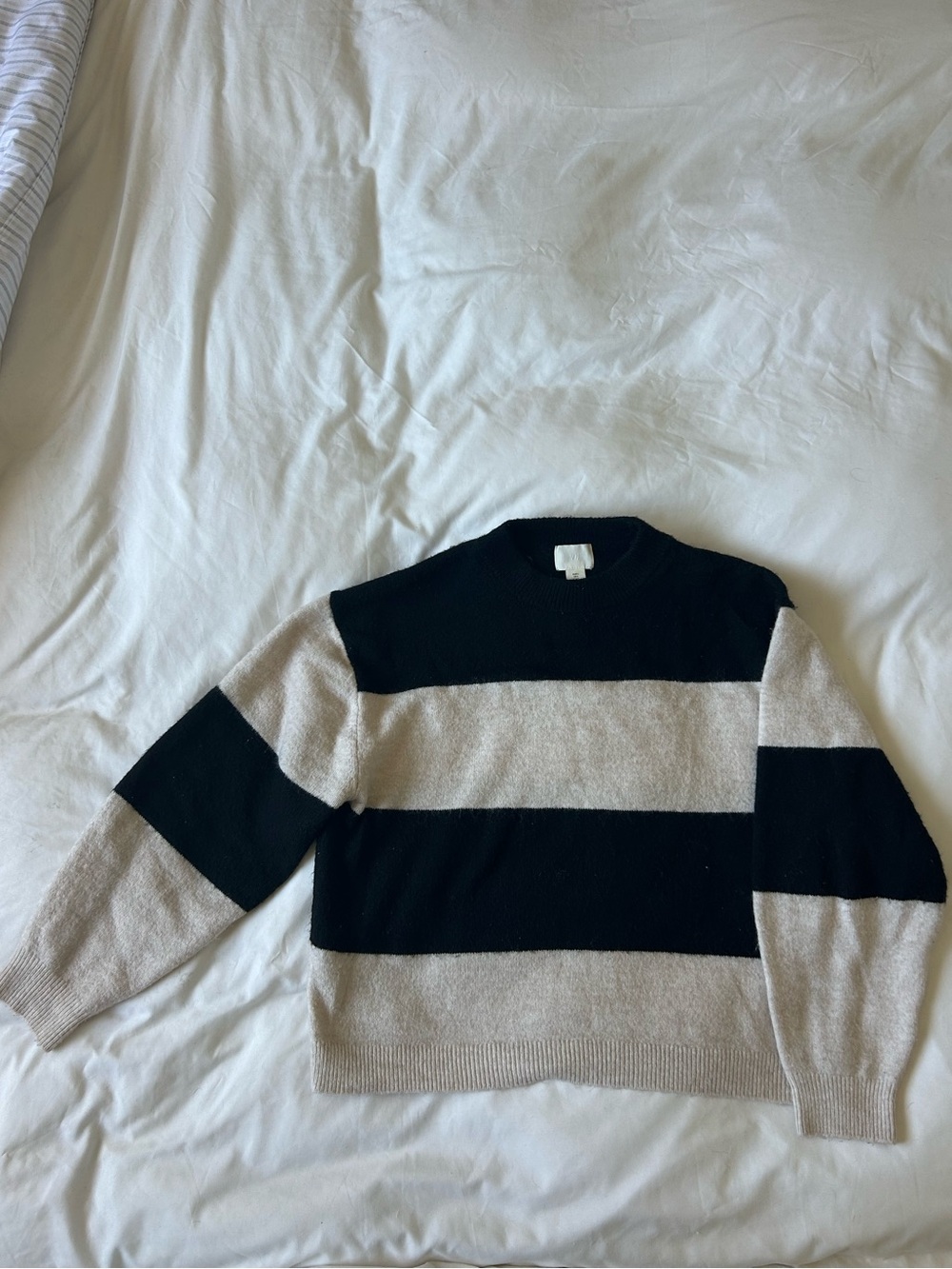H&M Black & Cream Striped Crewneck Sweater | Small